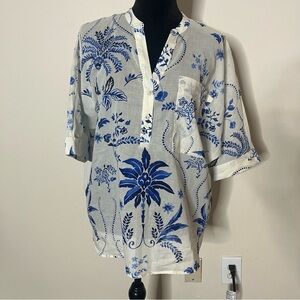 INDUSTRY Women’s Blue/White Floral Print Short Cuffed Dolman Sleeve Cotton Top M